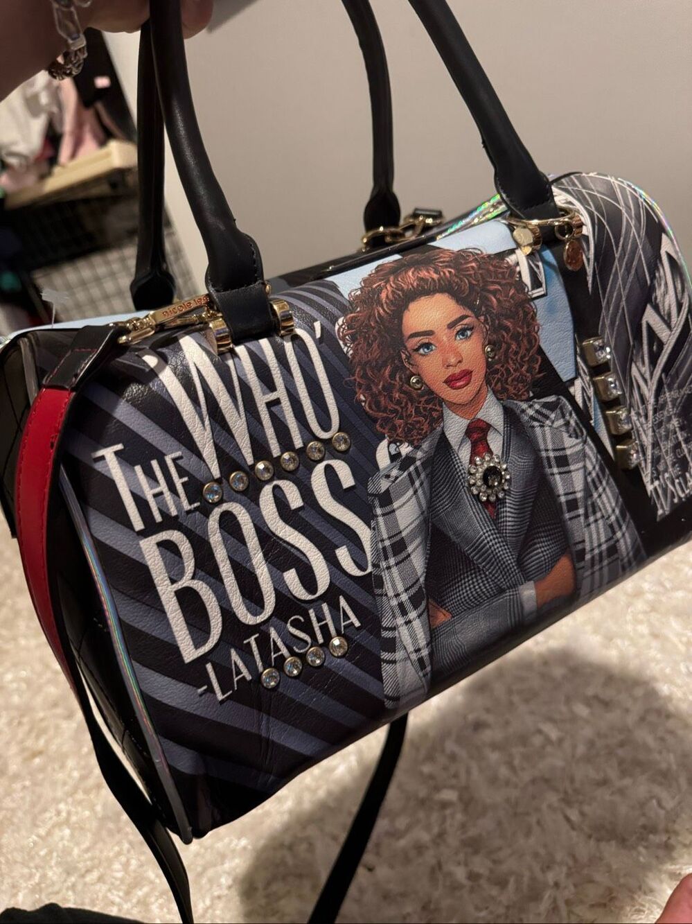 Nicole Lee WHO S THE BOSS LATASHA Boston Bag Satchel bling studded barrel bag